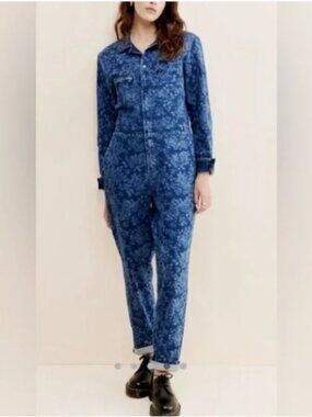 Lee Union-Alls Floral Denim Coveralls Jumpsuit Size Large Blue EUC